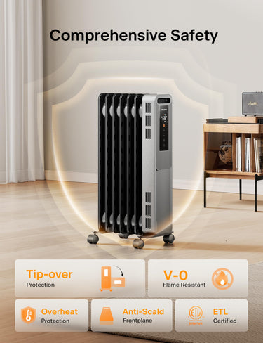 PELONIS Oil Filled Radiator, Electric Space Heater for Indoor Use Large Room with Thermostat & Remote, 3 Modes & 3 Heat Settings, ECO Mode, 24H Timer, Quiet, Overheat & Tip-Over Protection, 1500W Premium with LED Display Black